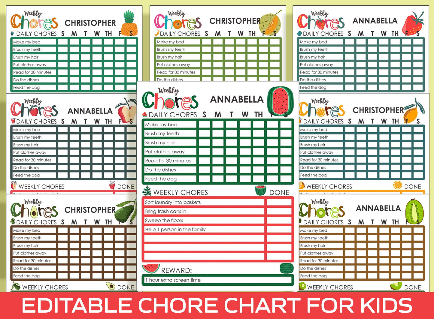 Chore Chart for Kids - Fruit, Printable/Editable Chore Chart for Kids, Responsibility, Boys & Girls To Do List, Reward Chart, Routine