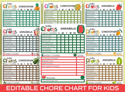 Chore Chart for Kids - Fruit, Printable/Editable Chore Chart for Kids, Responsibility, Boys & Girls To Do List, Reward Chart, Routine