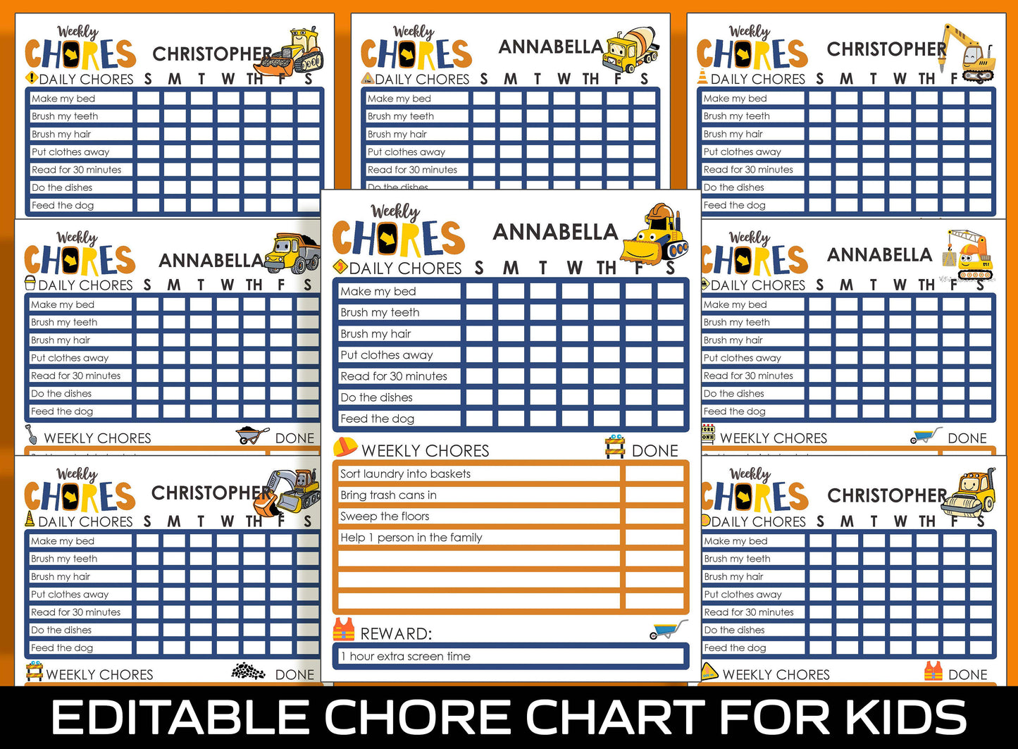 Chore Chart for Kids - Construction Vehicles, Printable/Editable Chore Chart for Kids, Responsibility, Boys & Girls To Do List, Reward Chart