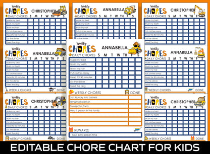 Chore Chart for Kids - Construction Vehicles, Printable/Editable Chore Chart for Kids, Responsibility, Boys & Girls To Do List, Reward Chart