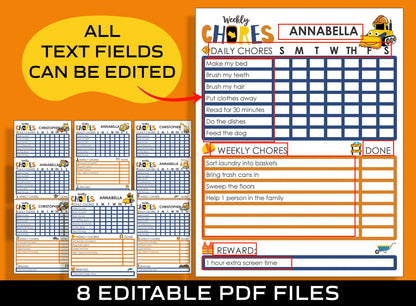 Chore Chart for Kids - Construction Vehicles, Printable/Editable Chore Chart for Kids, Responsibility, Boys & Girls To Do List, Reward Chart