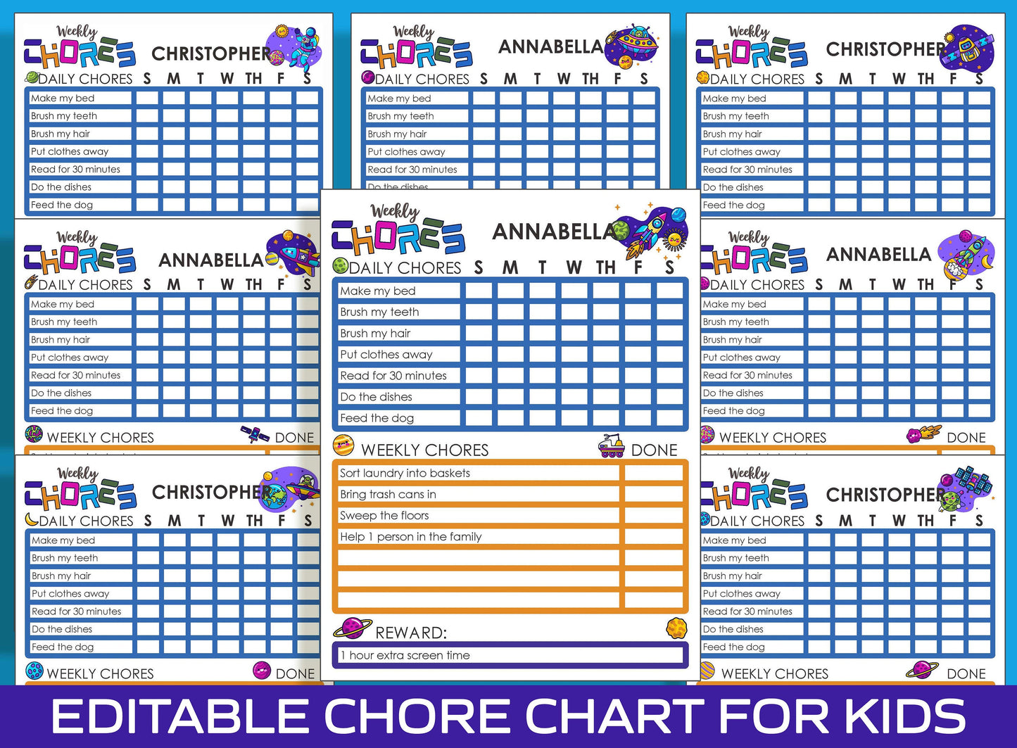 Chore Chart for Kids - Space, Printable/Editable Chore Chart for Kids, Responsibility, Boys & Girls To Do List, Reward Chart, Routine