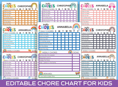 Chore Chart for Kids, Spring Rainbow, Printable/Editable Chore Chart for Kids, Responsibility, Boys & Girls To Do List, Reward Chart/Routine