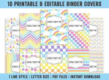 Sweet Rainbow Binder Cover, 10 Printable & Editable Binder Covers + Spines, Binder Inserts, Teacher/School Planner Cover Template