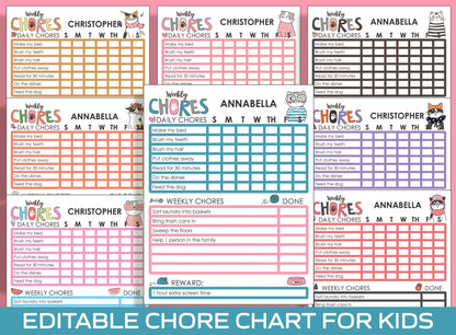 Chore Chart for Kids - Cat/Kitten, Printable/Editable Chore Chart for Kids, Responsibility, Boys/Girls To Do List, Reward Chart/Routine