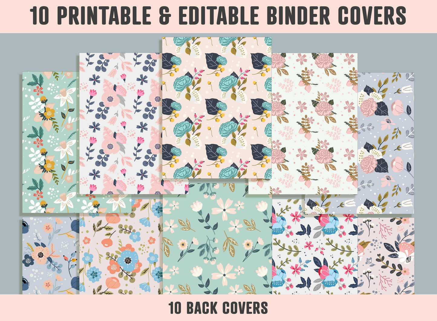 Flower Binder Cover, 10 Printable & Editable Binder Covers + Spines, Binder Inserts, Teacher/School Planner Cover Template, Floral Binder