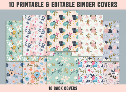 Flower Binder Cover, 10 Printable & Editable Binder Covers + Spines, Binder Inserts, Teacher/School Planner Cover Template, Floral Binder