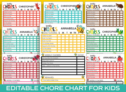 Chore Chart for Kids - Insect, Bee, Printable/Editable Chore Chart for Kids, Responsibility, Boys/Girls To Do List, Reward Chart/Routine