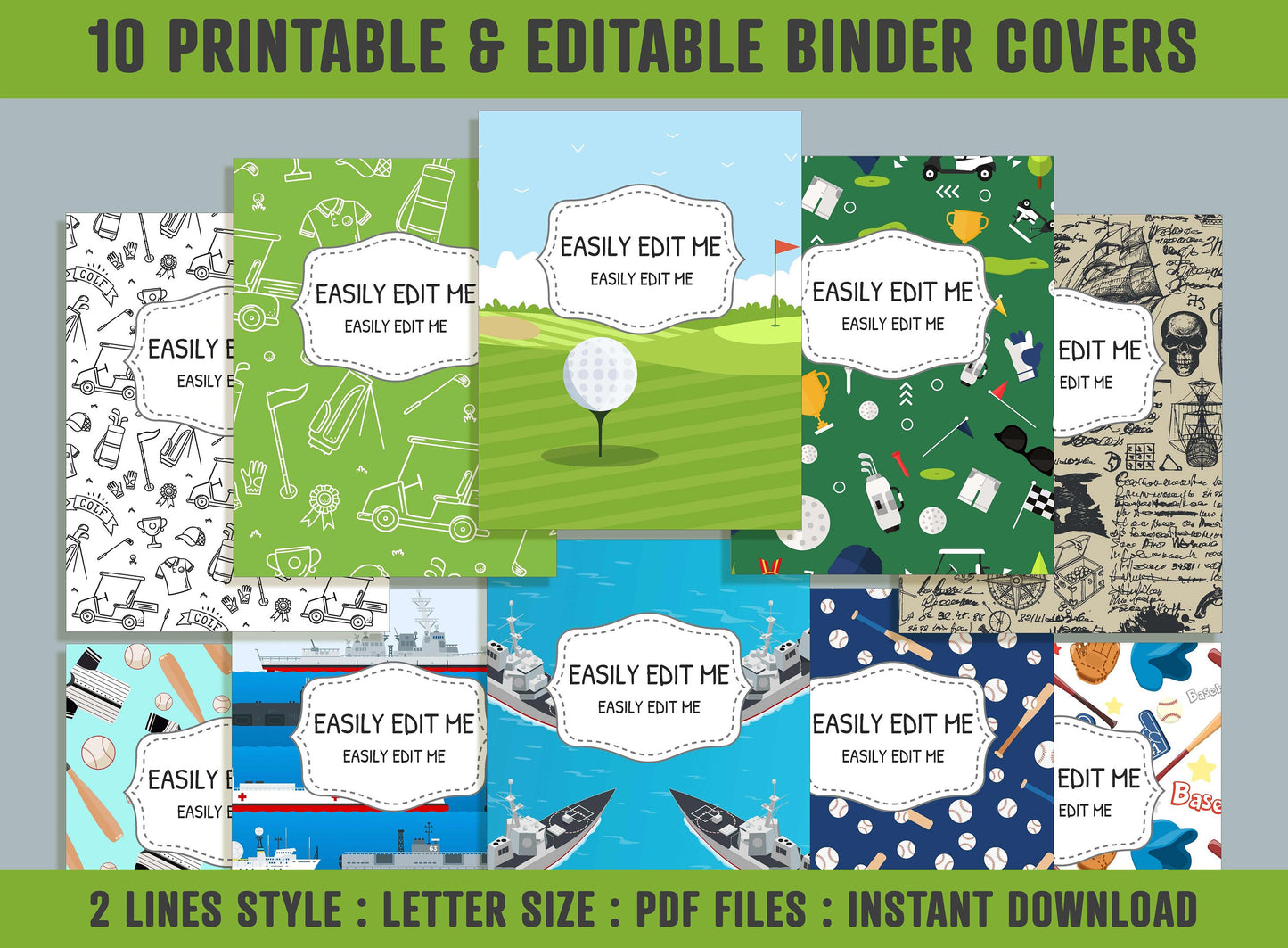 Golf, Marine and Baseball Binder Cover, 10 Printable & Editable Binder Covers+Spines, Binder Inserts, Teacher/School Planner Cover Template