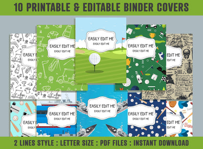 Golf, Marine and Baseball Binder Cover, 10 Printable & Editable Binder Covers+Spines, Binder Inserts, Teacher/School Planner Cover Template