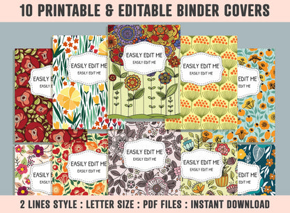 Flower Binder Cover Templates, 10 Printable & Editable Binder Covers + Spines, Amazing Floral Binder Inserts, Teacher/School Planner Cover