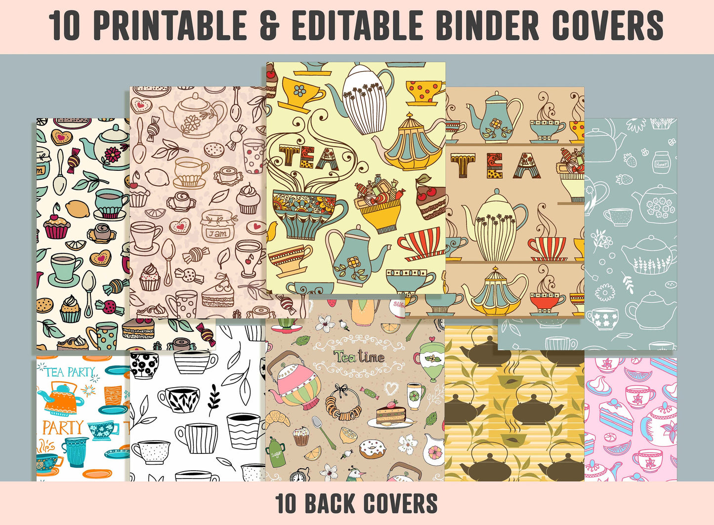 Cups and Teapots Binder Cover, 10 Printable & Editable Binder Covers + Spines, Binder Inserts, Teacher/School Planner Cover Template