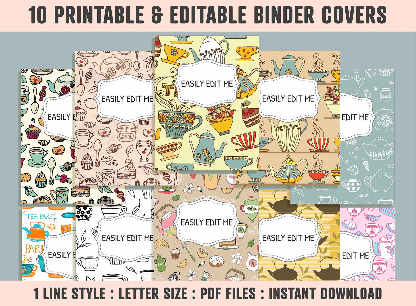 Cups and Teapots Binder Cover, 10 Printable & Editable Binder Covers + Spines, Binder Inserts, Teacher/School Planner Cover Template