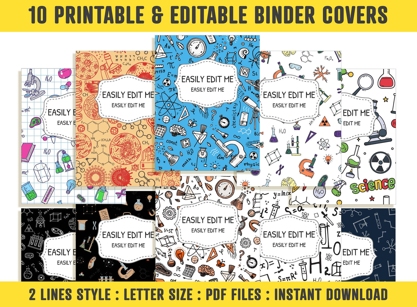Printable Science Binder Cover, 10 Printable & Editable Binder Covers + Spines, Binder Inserts, Teacher/School Planner Cover Template
