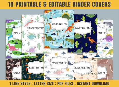 Cute Dinosaur Family Binder Cover, 10 Printable & Editable Binder Covers + Spines, Binder Inserts, Teacher/School Planner Cover Template