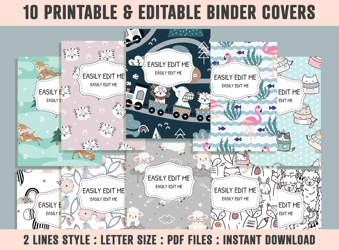 Cute Animal Binder Cover, 10 Printable & Editable Binder Covers + Spines, Binder Inserts, Teacher/School Planner Cover Template