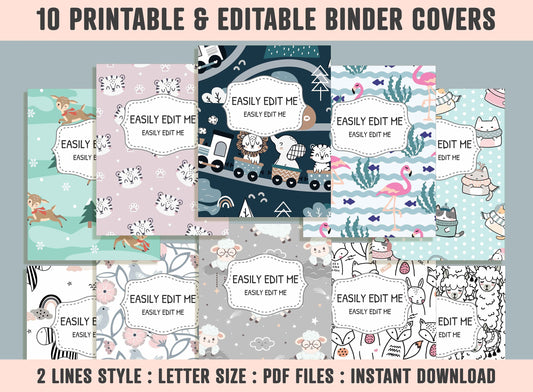 Cute Animal Binder Cover, 10 Printable & Editable Binder Covers + Spines, Binder Inserts, Teacher/School Planner Cover Template