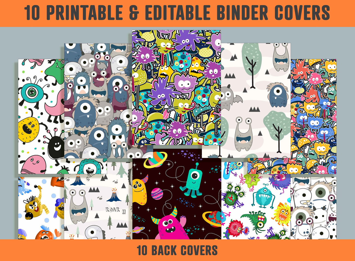 Monster Binder Cover, 10 Printable & Editable Binder Covers + Spines, Binder Inserts, Teacher/School Planner Cover Template