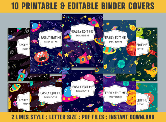 Space, Planets, Rockets, Aliens Binder Cover, 10 Printable & Editable Binder Covers+Spines, Binder Inserts, Teacher/School Planner Template