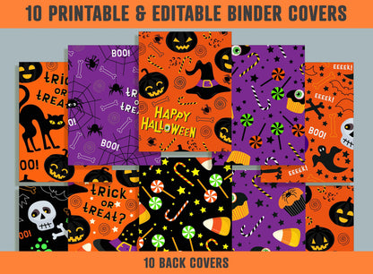 Halloween Cartoon Trick or Treat Binder Cover, 10 Printable & Editable Binder Covers+Spines, Binder Inserts, Teacher/School Planner Template