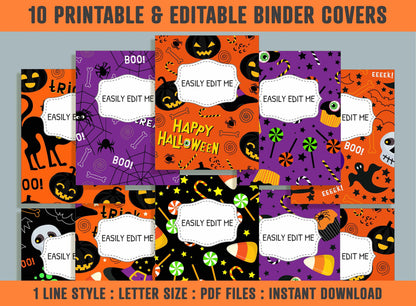 Halloween Cartoon Trick or Treat Binder Cover, 10 Printable & Editable Binder Covers+Spines, Binder Inserts, Teacher/School Planner Template
