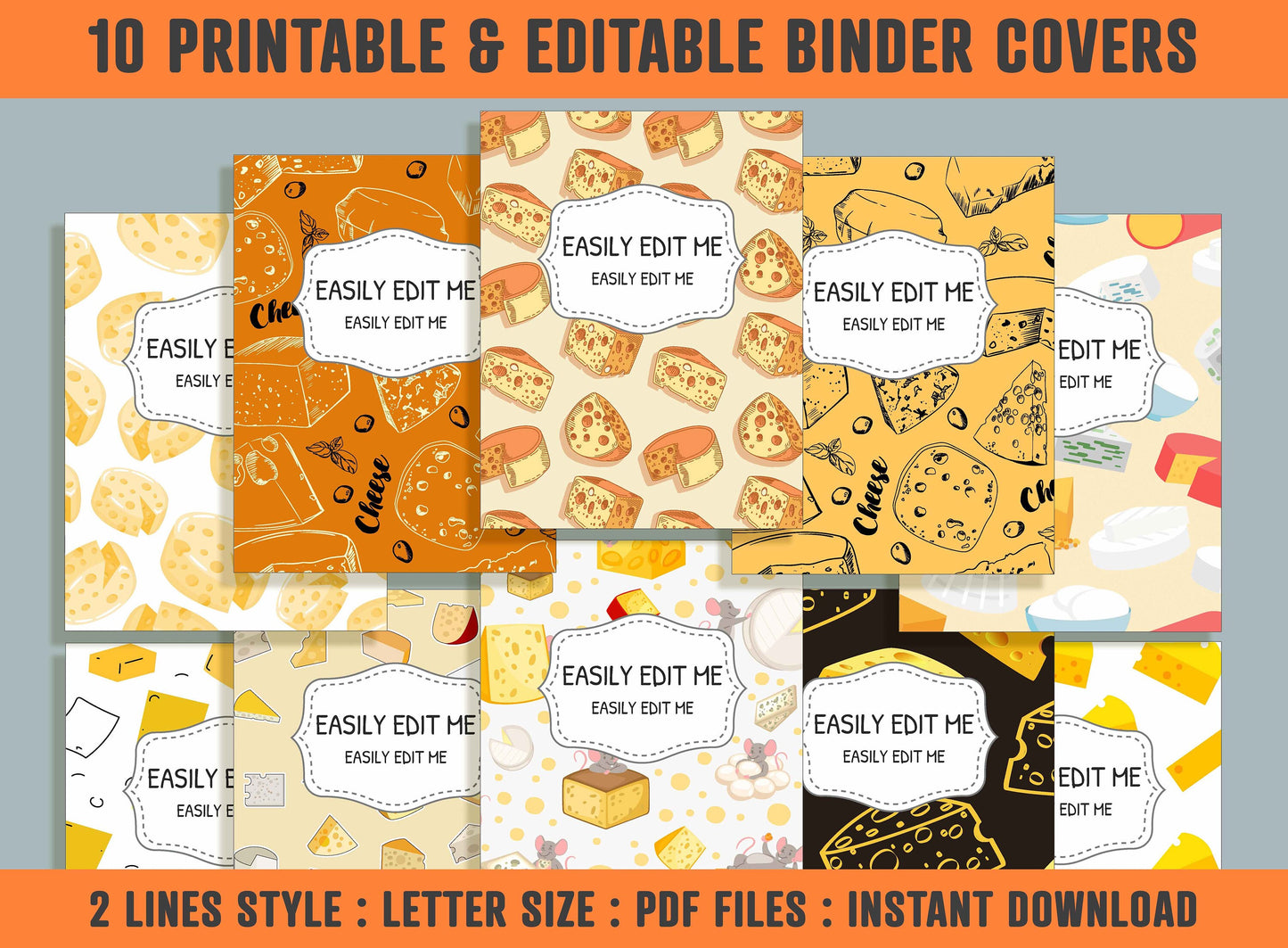 Cheese Binder Cover, 10 Printable & Editable Covers + Spines, Teacher/School Binder Labels, Planner Cover Template, Food Binder Inserts