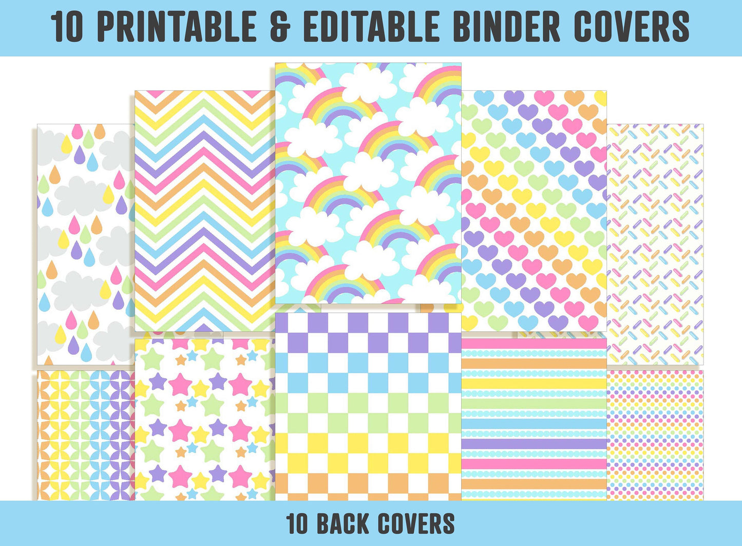 Sweet Rainbow Binder Cover, 10 Printable & Editable Binder Covers + Spines, Binder Inserts, Teacher/School Planner Cover Template