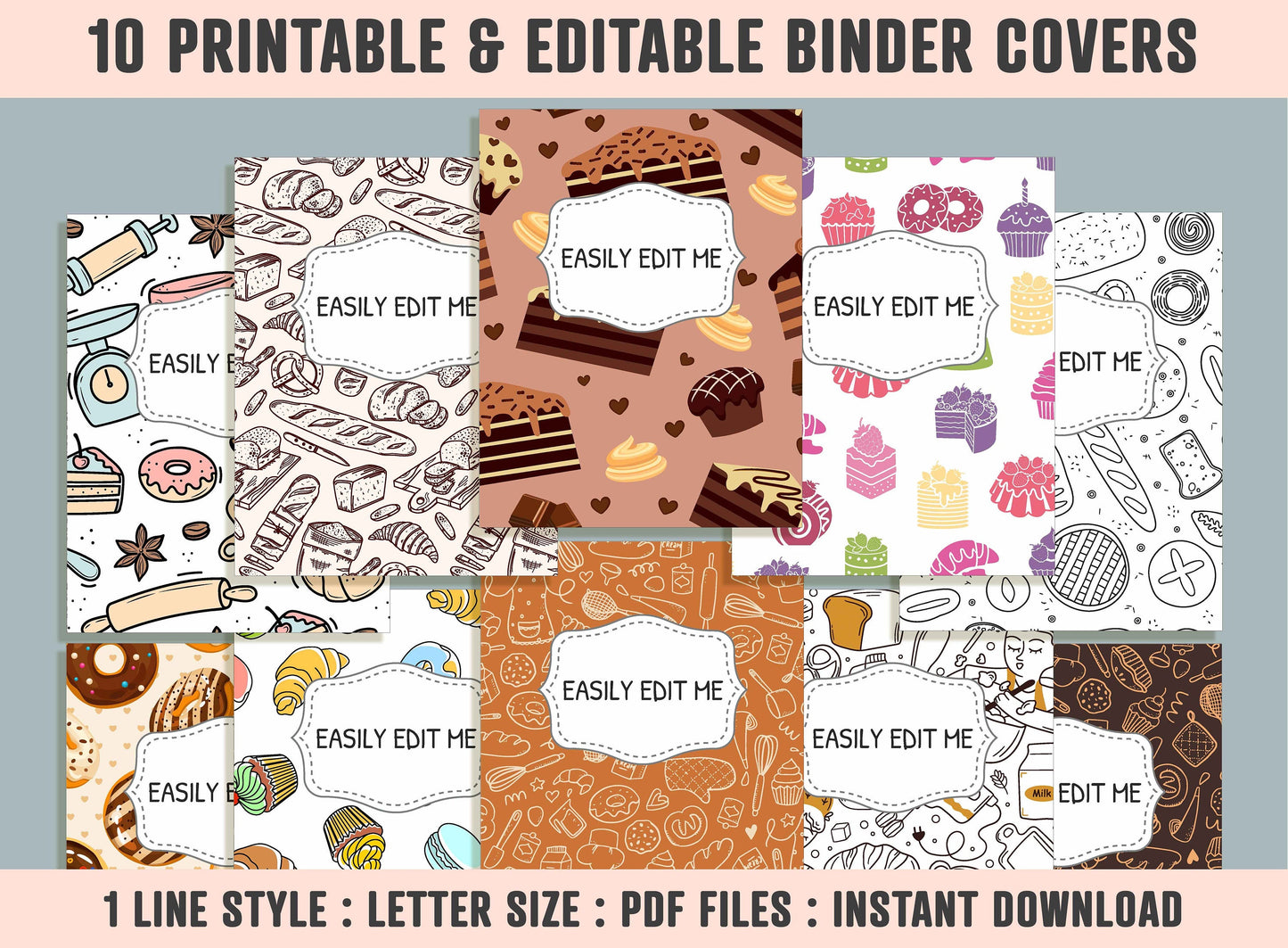Bakery Binder Cover (Bread, Cake, Brownie, Bun, Croissant...), 10 Printable & Editable Covers+Spines, Teacher/School Binder Label/Template