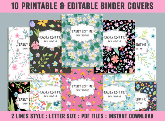 Flowers and Leaves Binder Cover, 10 Printable & Editable Covers+Spines, Binder Cover, Teacher/School Binder, Planner Template, Binder Insert