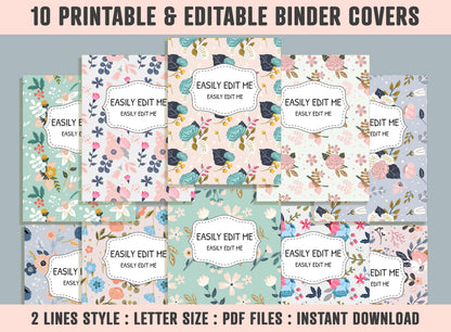 Flower Binder Cover, 10 Printable & Editable Binder Covers + Spines, Binder Inserts, Teacher/School Planner Cover Template, Floral Binder