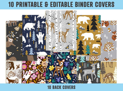 Cute Animal and Forest Binder Cover, 10 Printable & Editable Binder Covers + Spines, Teacher/School Planner Template, Binder Inserts/Labels