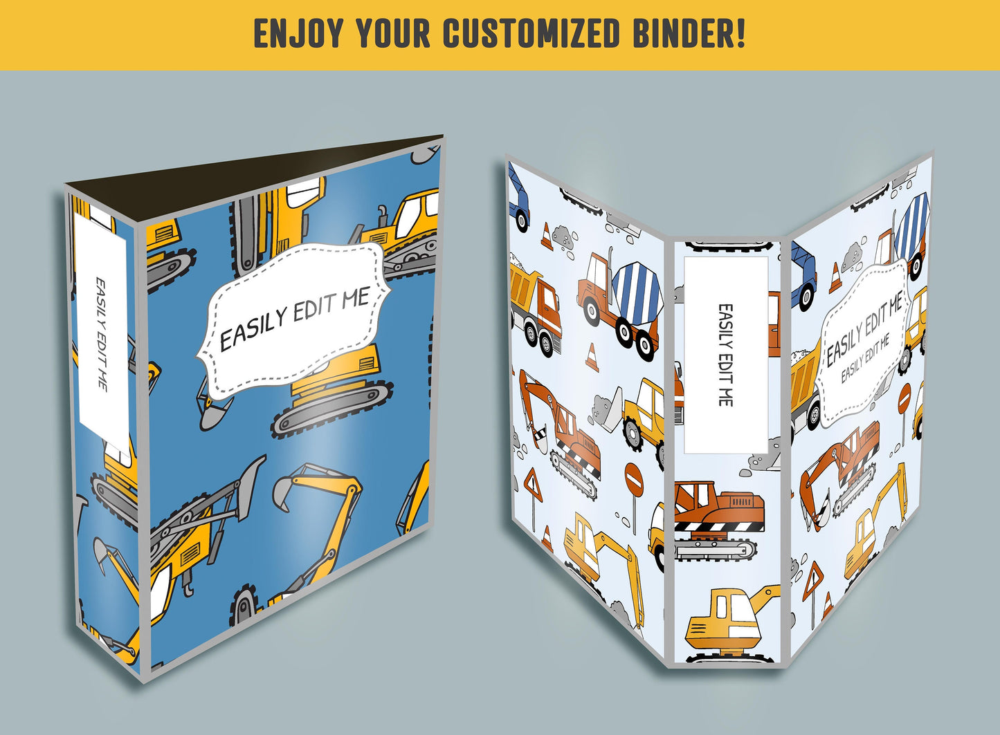 Construction Truck Binder Cover, 10 Printable & Editable Binder Covers+Spines, Binder Cover Inserts, Planner Template, Teacher/School Binder