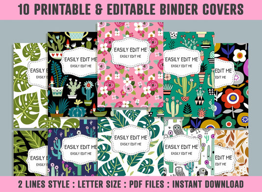 Flowers, Palm Leaves, Cactuses Binder Cover, 10 Printable/Editable Binder Covers+Spines, Binder Inserts, Planner Template for Teacher/School