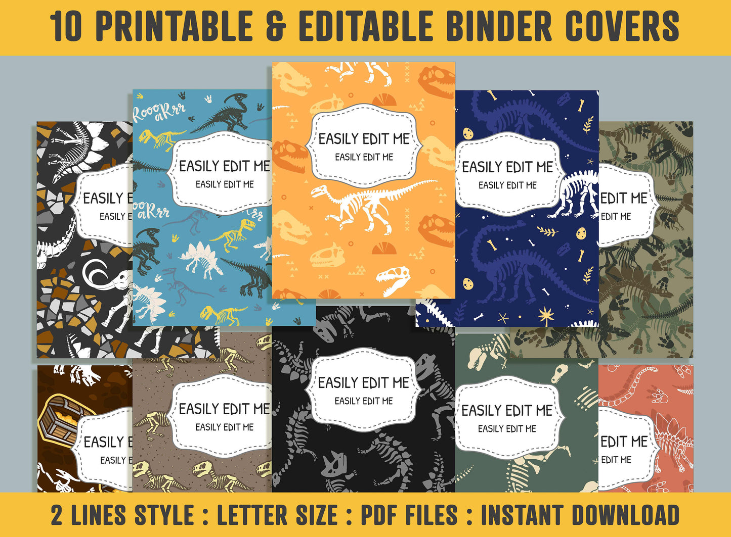 Dinosaur Skeleton Binder Cover, 10 Printable/Editable Binder Covers+Spines, Binder Insert, Planner Template for Teacher/School, Binder Label