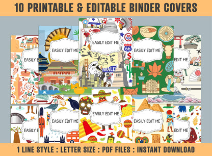 Cultural Travel Binder Cover, 10 Printable & Editable Binder Covers + Spines, Binder Inserts, Teacher/School Planner Cover Template