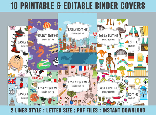 Travel To World, Cultural Travel Binder Cover, 10 Printable & Editable Binder Covers+Spines, Binder Inserts, Teacher/School Planner Template
