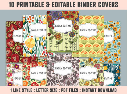 Flower Binder Cover Templates, 10 Printable & Editable Binder Covers + Spines, Amazing Floral Binder Inserts, Teacher/School Planner Cover