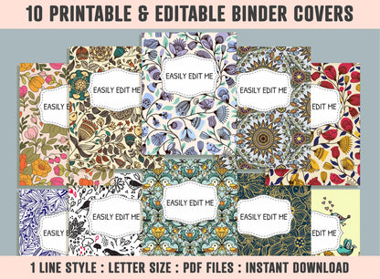 Flower and Birds Binder Cover, 10 Printable & Editable Binder Covers + Spines, Binder Inserts, Teacher/School Planner Cover Template