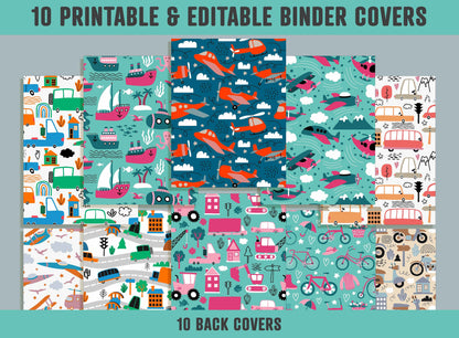 Vehicle Binder Template, 10 Printable & Editable Binder Covers+Spines, Binder Inserts, Teacher/School Planner Cover, Transport Binder Cover