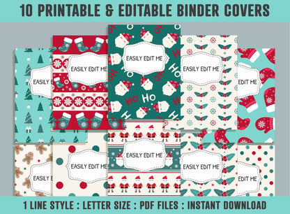 Christmas Pattern Binder Cover, 10 Printable & Editable Binder Covers + Spines, Binder Inserts, Teacher/School Planner Template