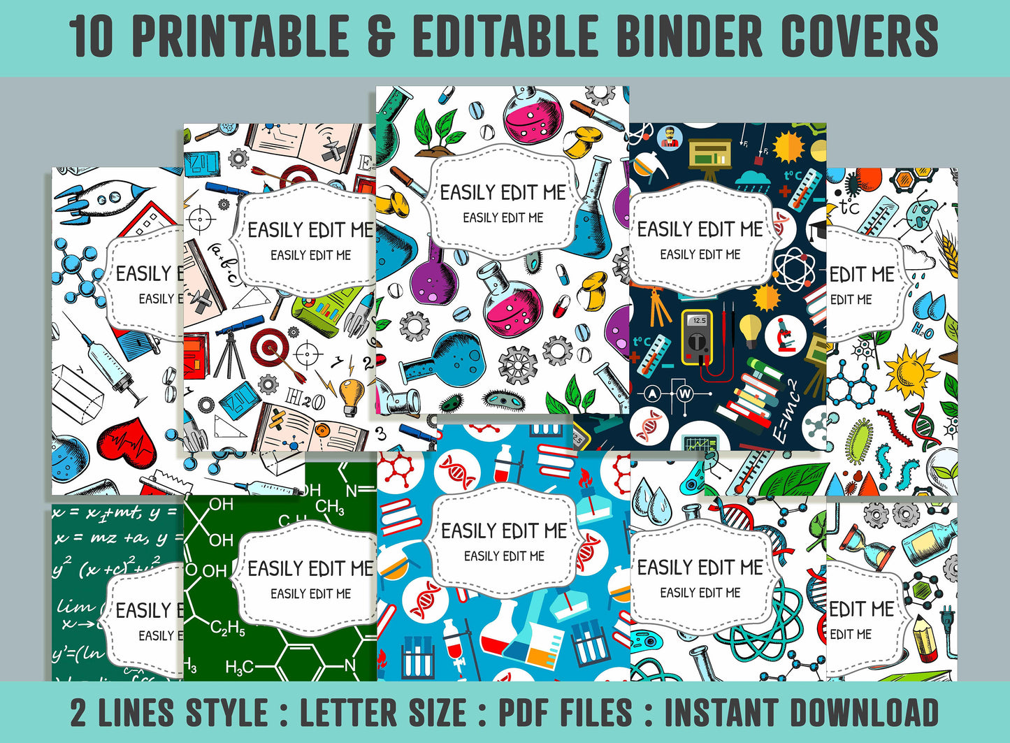 Science Pattern Binder Cover, 10 Printable & Editable Binder Covers + Spines, Binder Inserts, Teacher/School Planner Template