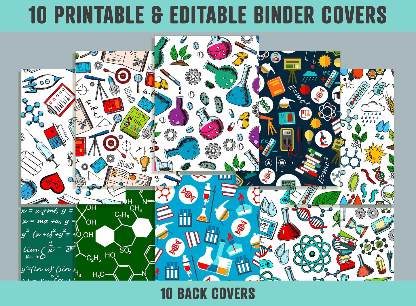 Science Pattern Binder Cover, 10 Printable & Editable Binder Covers + Spines, Binder Inserts, Teacher/School Planner Template