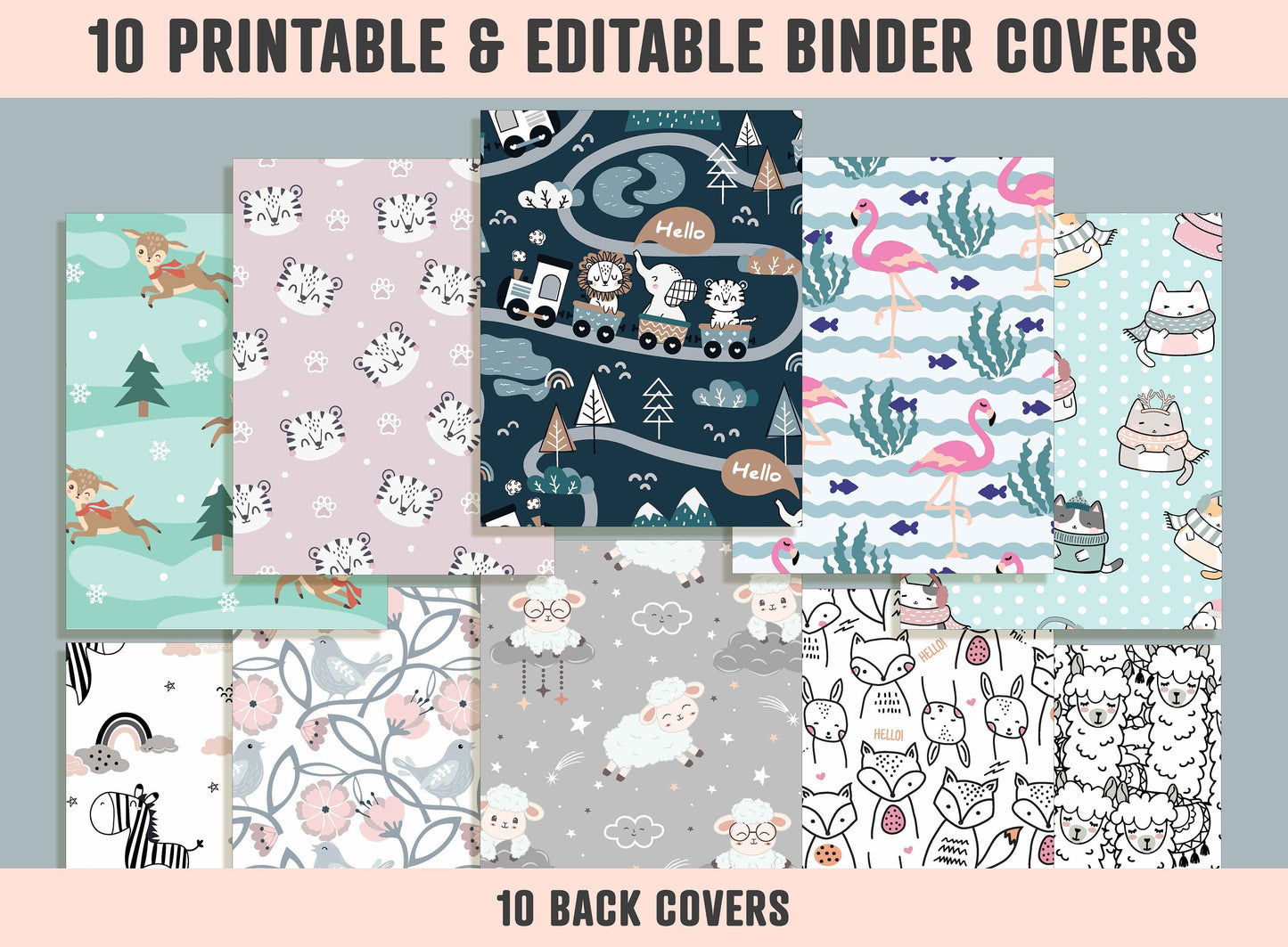 Cute Animal Binder Cover, 10 Printable & Editable Binder Covers + Spines, Binder Inserts, Teacher/School Planner Cover Template