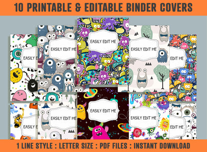 Monster Binder Cover, 10 Printable & Editable Binder Covers + Spines, Binder Inserts, Teacher/School Planner Cover Template