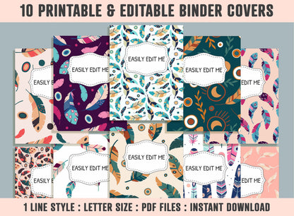 Colorful Feathers Binder Cover, 10 Printable/Editable Covers+Spines, Planner Insert, Teacher/School Binder Label, Folder Cover Template