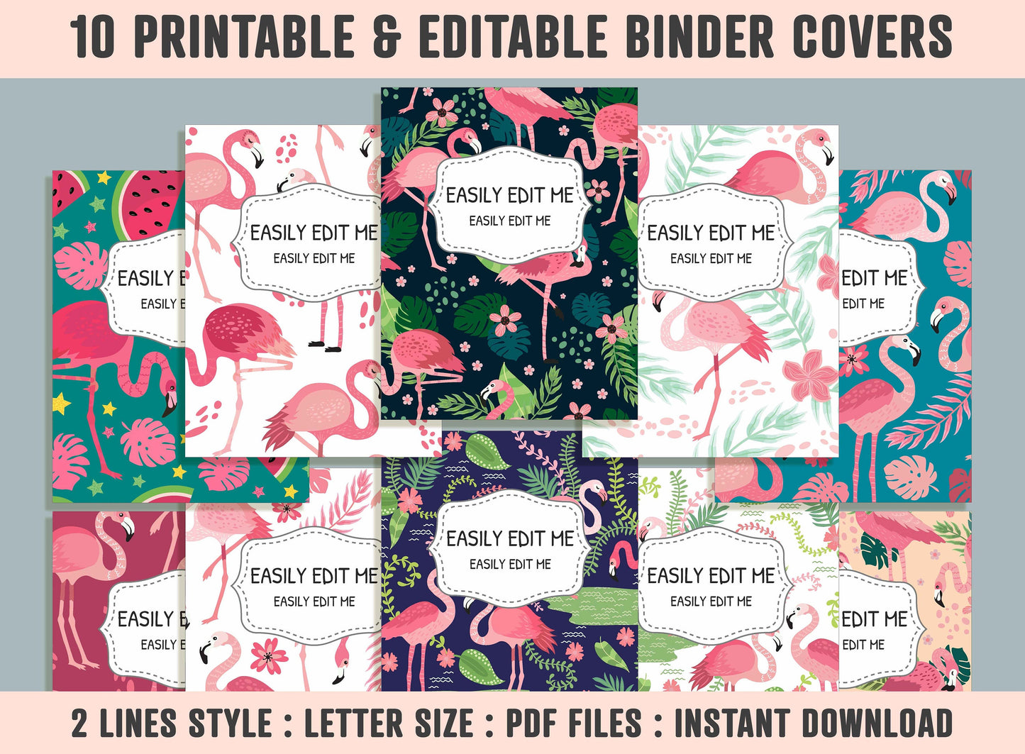 Flamingos in Different Poses Binder Cover, 10 Printable & Editable Covers + Spines, Teacher/School Binder Labels, Inserts, Planner Template