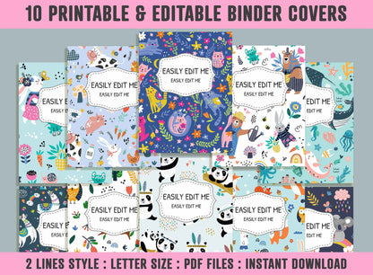 Cute Funny Animals Binder Cover, 10 Printable & Editable Binder Covers + Spines, Teacher/School Binder Labels, Planner/Folder Inserts