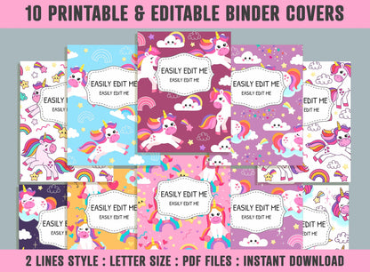 Colorful Unicorn Binder Cover, 10 Printable & Editable Covers + Spines, Teacher/School Binder Labels, Folder Inserts, Planner Template
