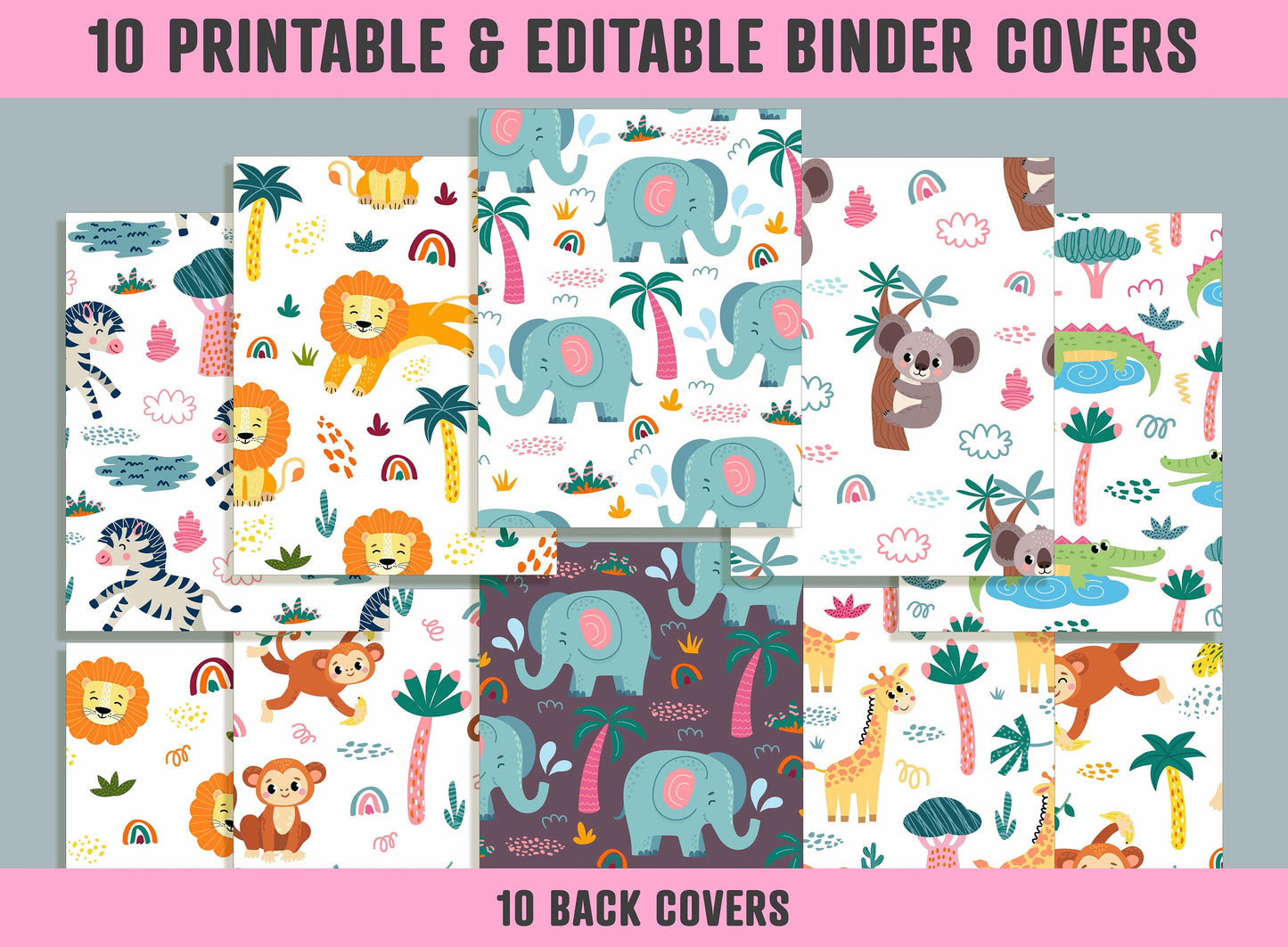 African Animals Binder Cover, 10 Printable & Editable Covers + Spines, Teacher/School Binder Labels, Folder Inserts, Planner Template