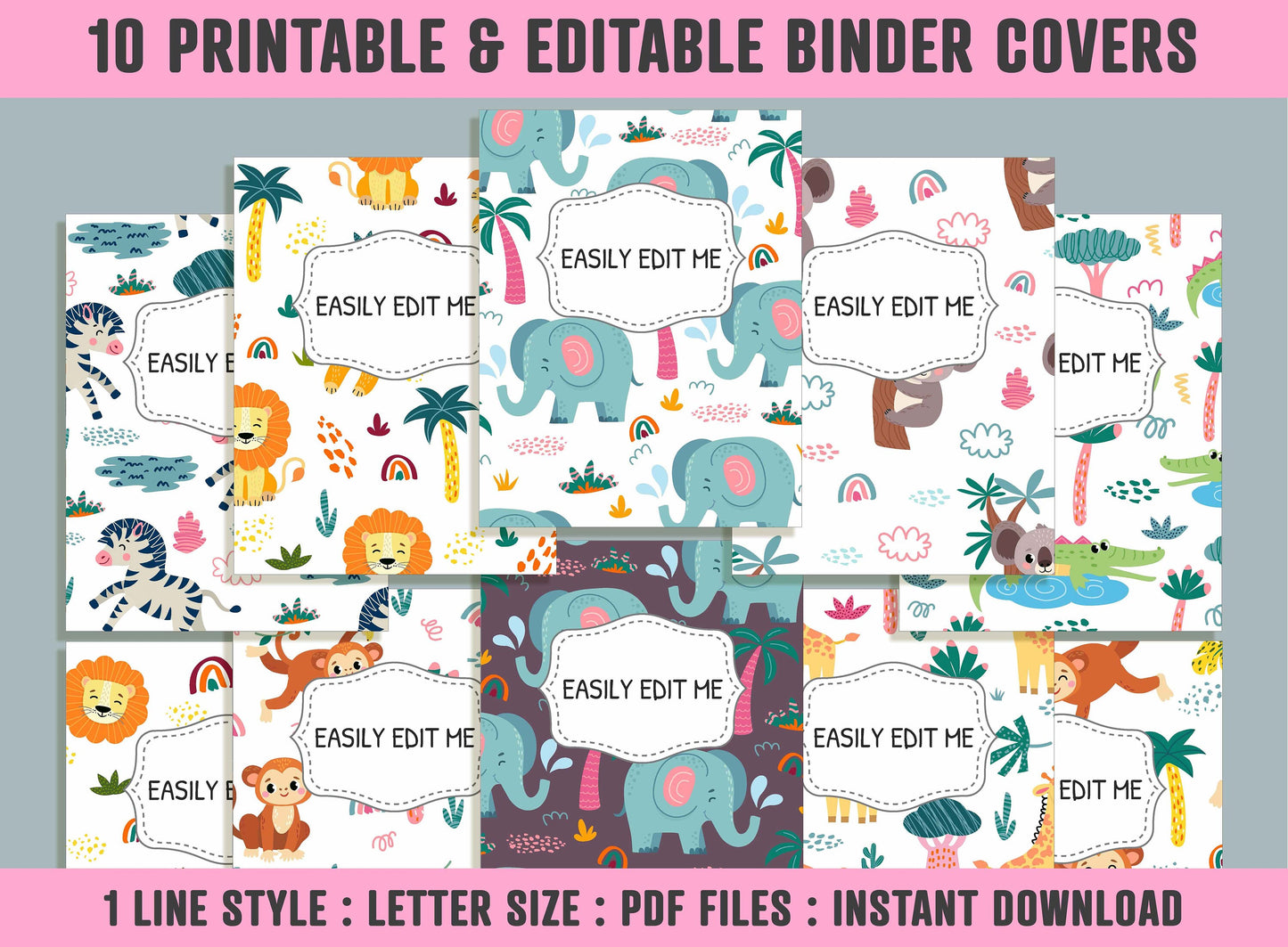 African Animals Binder Cover, 10 Printable & Editable Covers + Spines, Teacher/School Binder Labels, Folder Inserts, Planner Template